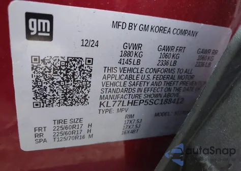 2025 Chevrolet Trax Fwd Lt z USA, uszkodzony, nr VIN KL77LHEP5SC188412